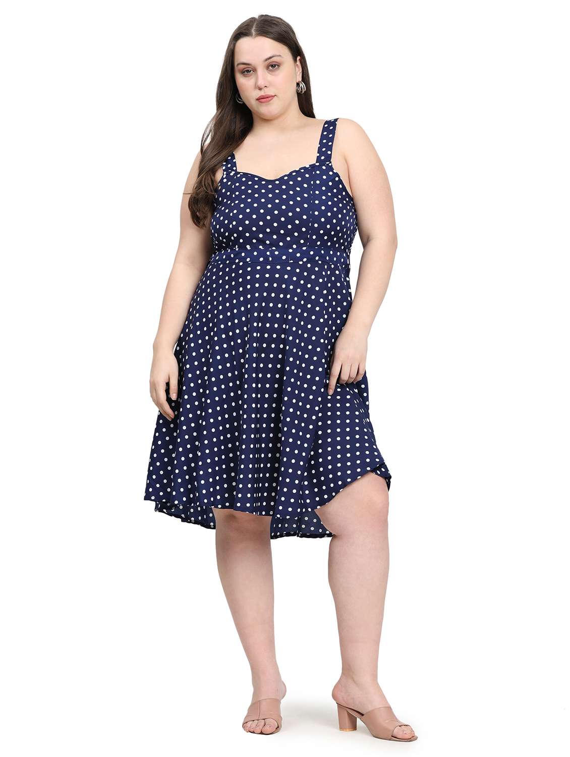 Women Plus Size Polka Doted Shoulder Strap Dress