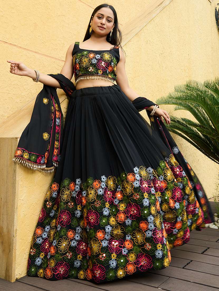 women flared semi stitched lehenga choli with dupatta set