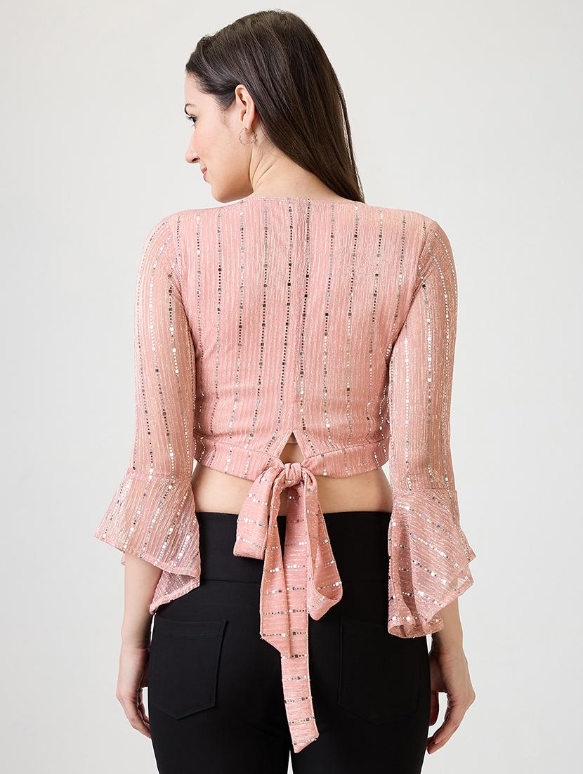 women embellished bell sleeves crop top - 21869834 - Standard Image - 2