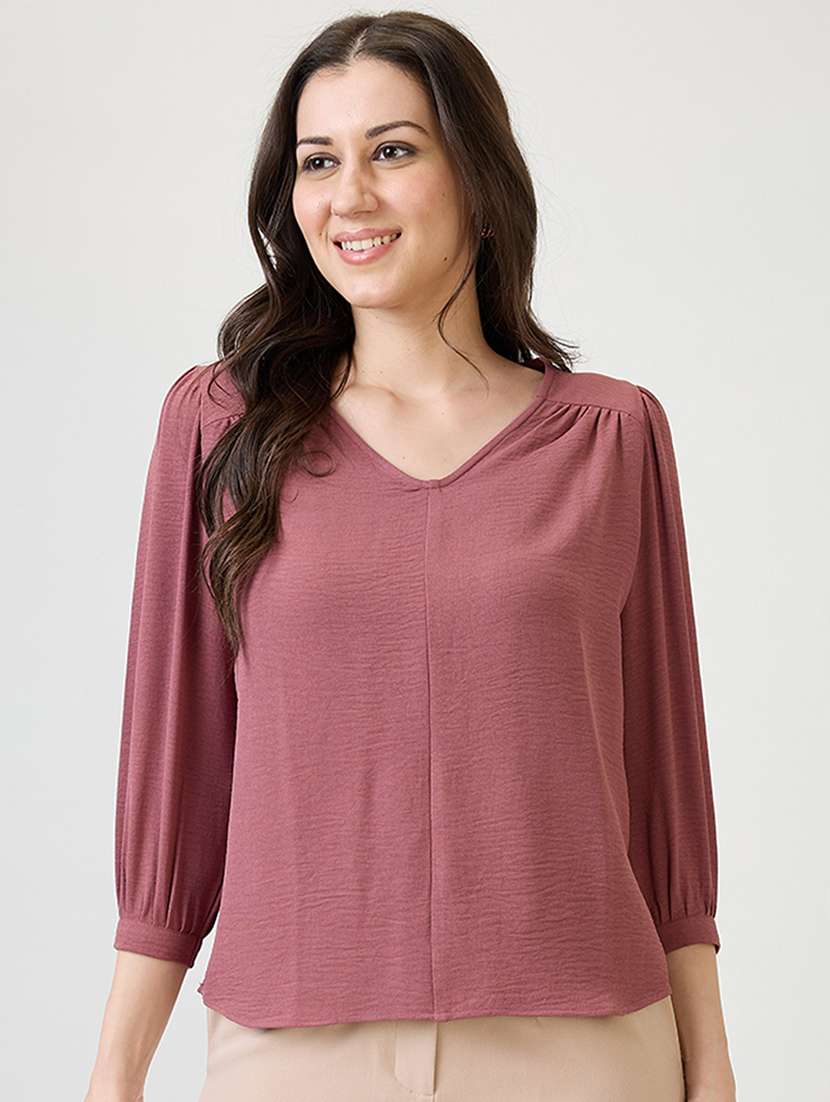 women solid puff sleeves regular top