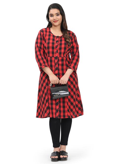 women checkered three quarter sleeve a-line kurta - 21869879 -  Standard Image - 0