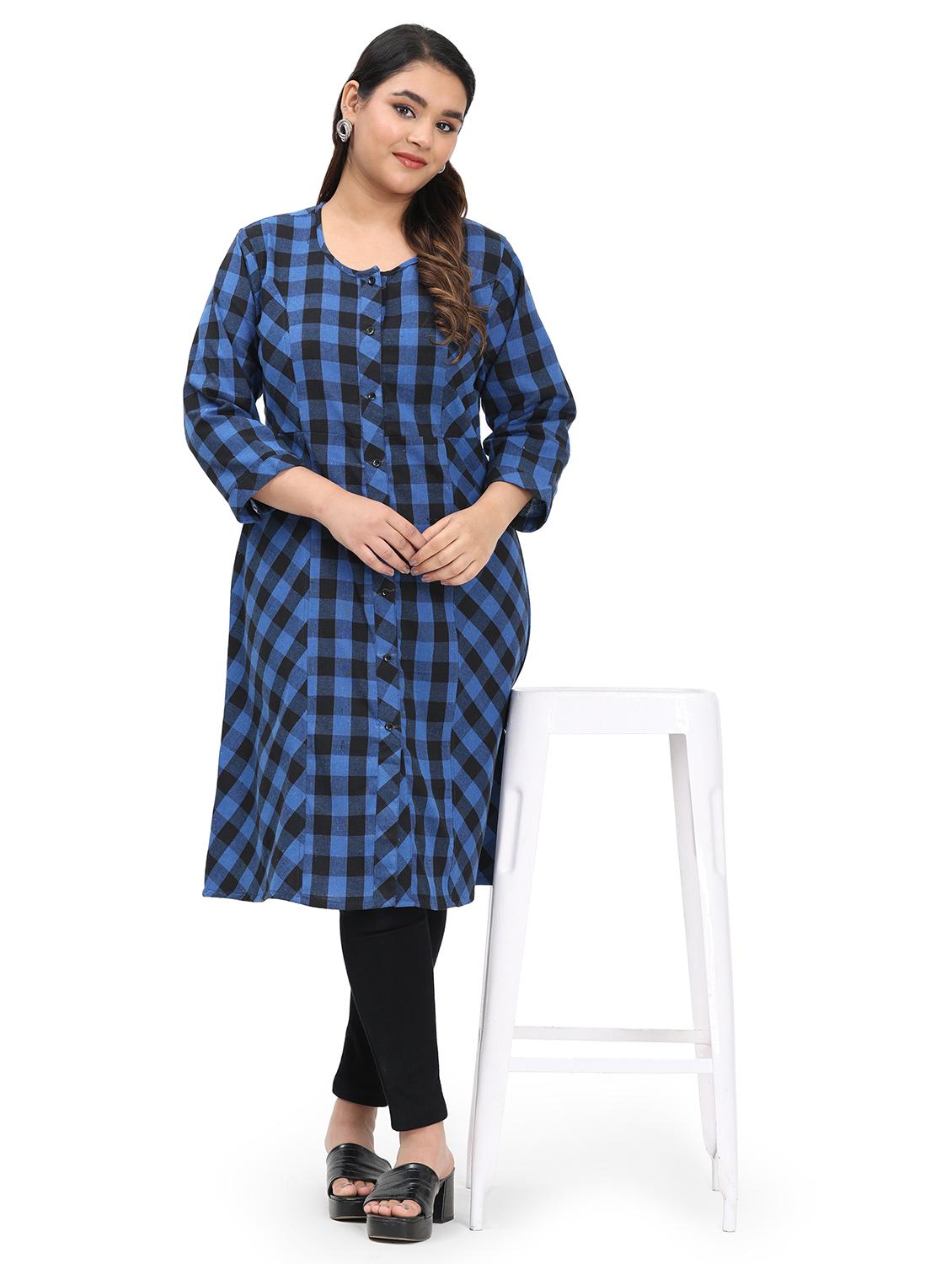 women checkered three quarter sleeve a-line kurta - 21869881 -  Zoom Image - 0