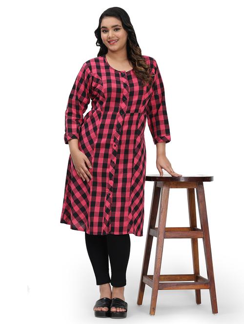 women checkered three quarter sleeve a-line kurta - 21869882 - Standard Image - 0