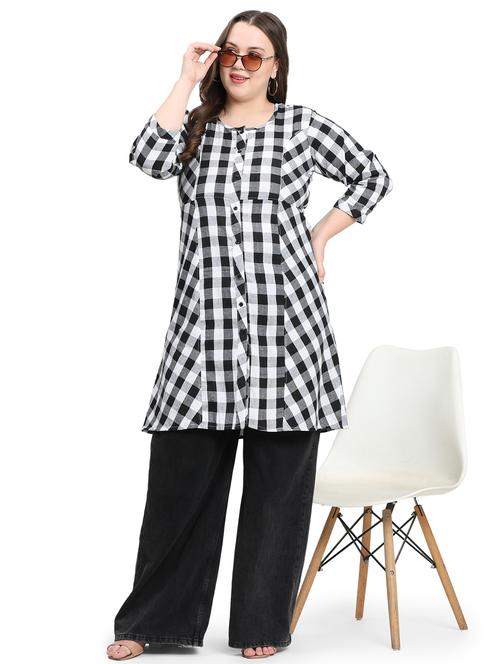 women checkered three quarter sleeve a-line kurta - 21869883 -  Standard Image - 0