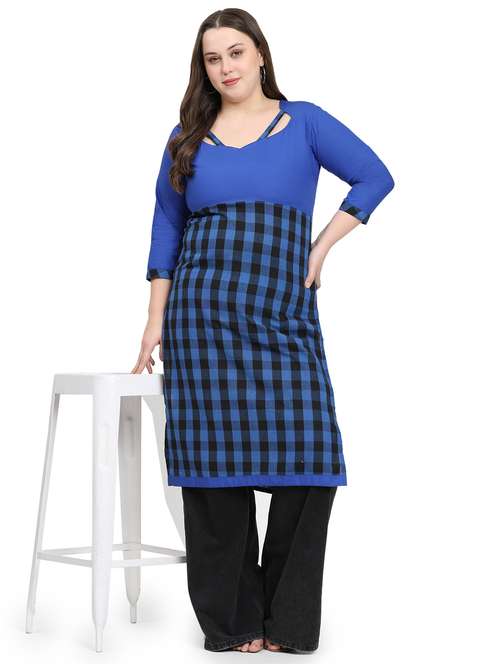 women checkered three quarter sleeve plus size straight kurta - 21869887 - Standard Image - 0