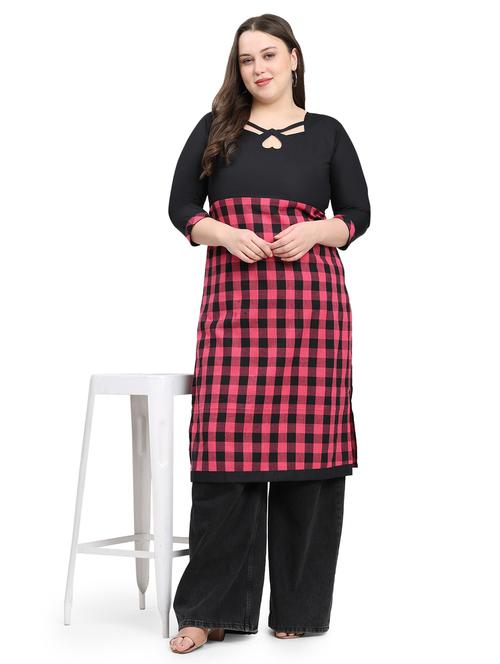 women checkered three quarter sleeve plus size straight kurta - 21869888 - Standard Image - 0