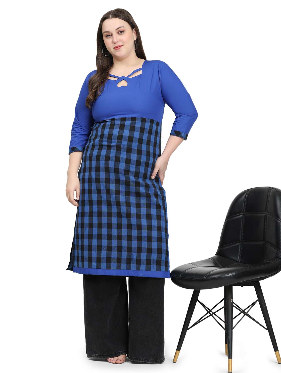 women checkered three quarter sleeve plus size straight kurta