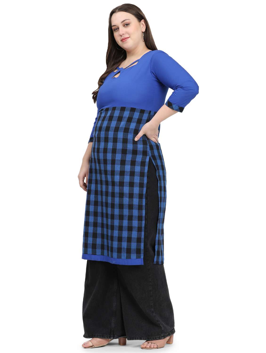 women checkered three quarter sleeve plus size straight kurta - 21869892 - Standard Image - 2