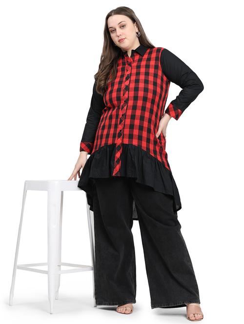 women checkered three quarter sleeve plus size kurta - 21869893 -  Standard Image - 0