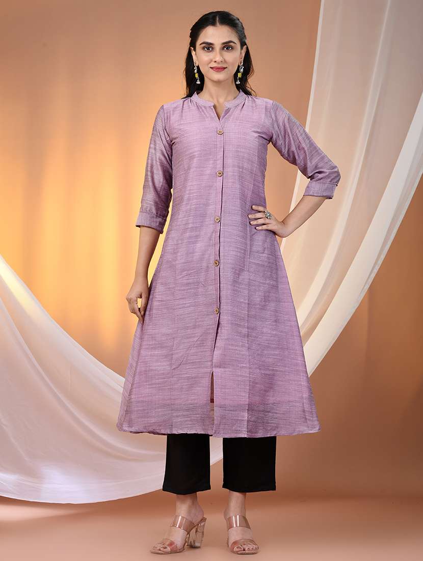 women solid three quarter sleeve a-line kurta