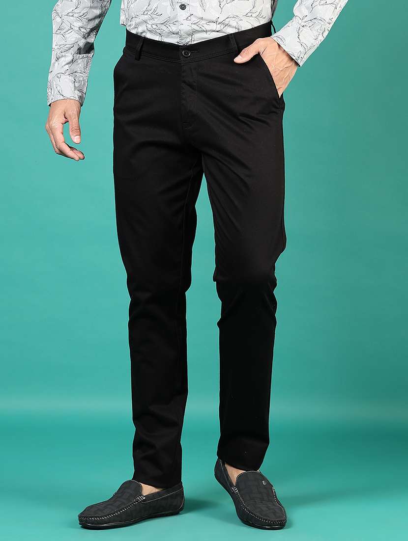 men solid md rise flat front casual chinos 