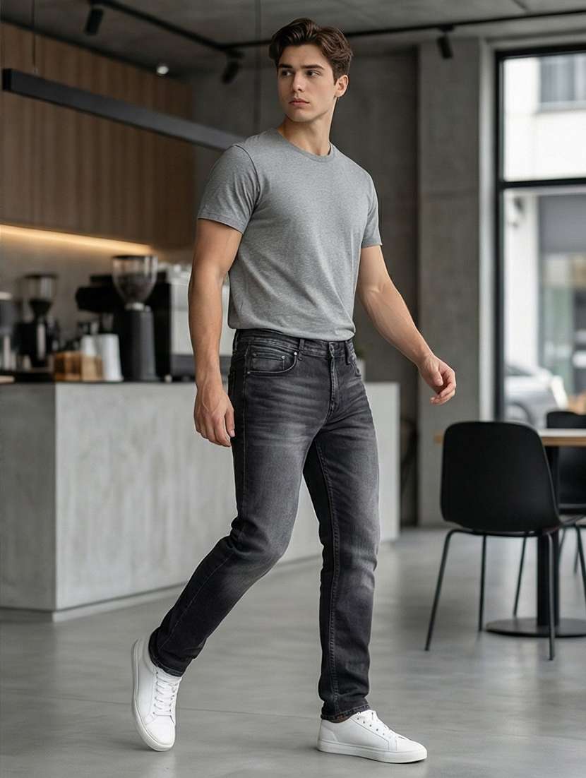 men washed high rise full length tapered jeans - 21872306 -  Standard Image - 2