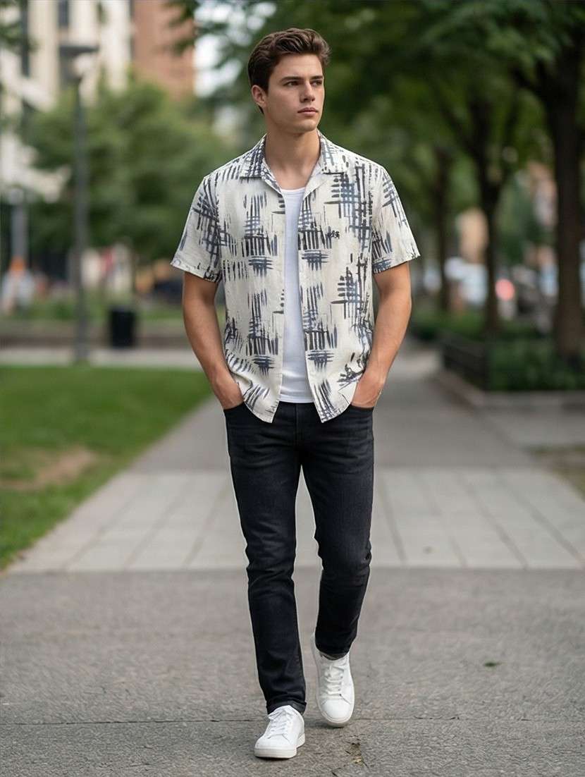 men printed short sleeve regular fit casual shirt - 21872434 -  Standard Image - 2