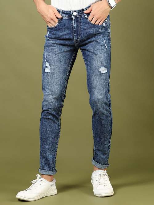 men's blue denim distressed slim fit jeans - 21872681 -  Standard Image - 0