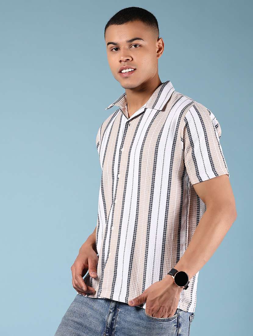 men striped collaerd short sleeve casual shirt - 21872721 - Standard Image - 2