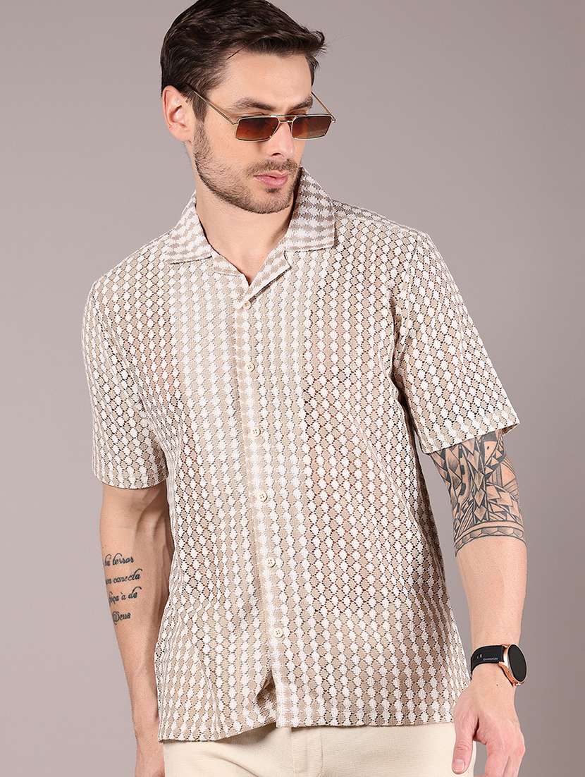 men's beige & white textured cuban collar casual shirt