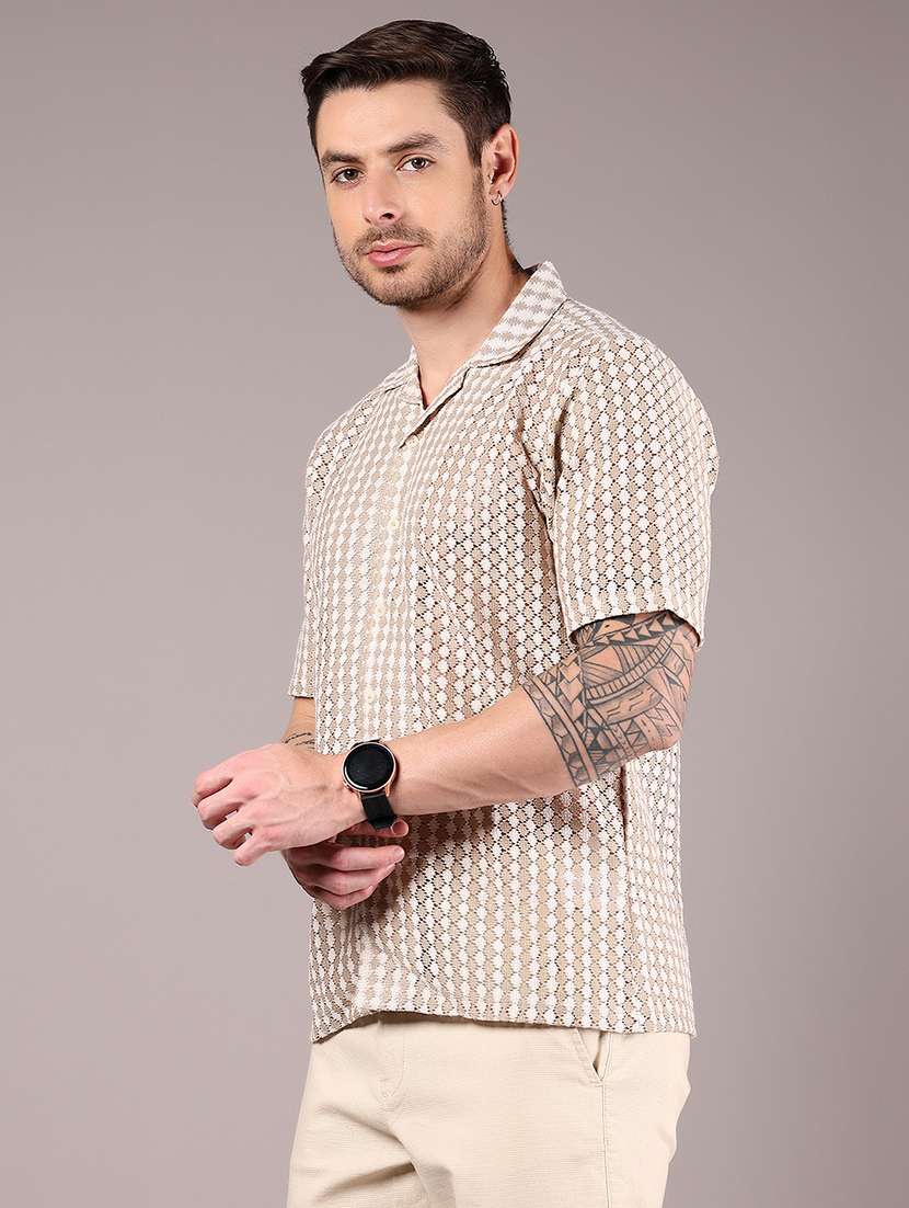 men's beige & white textured cuban collar casual shirt - 21872787 - Standard Image - 2