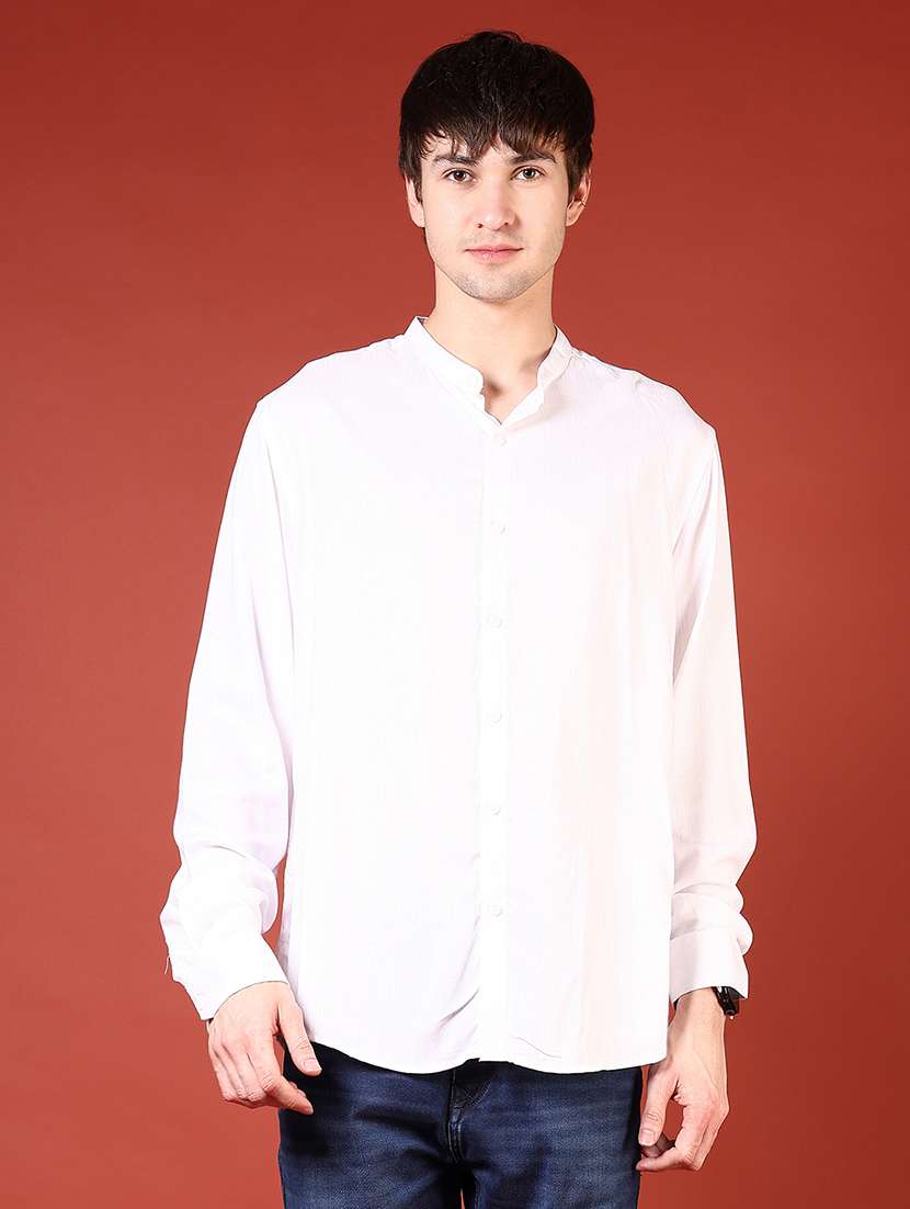 men solid mandarin collar long sleeve casual shirt