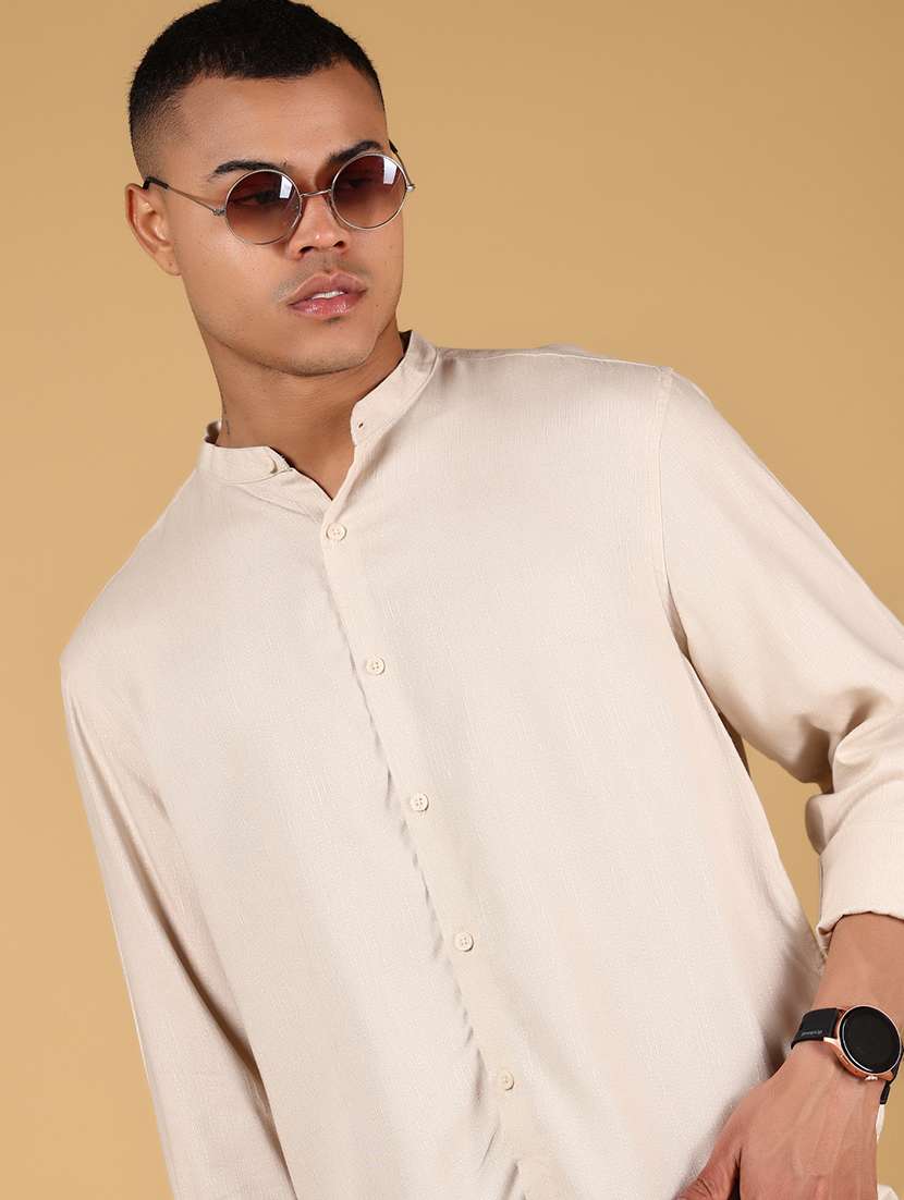 men solid mandarin collar long sleeve casual shirt