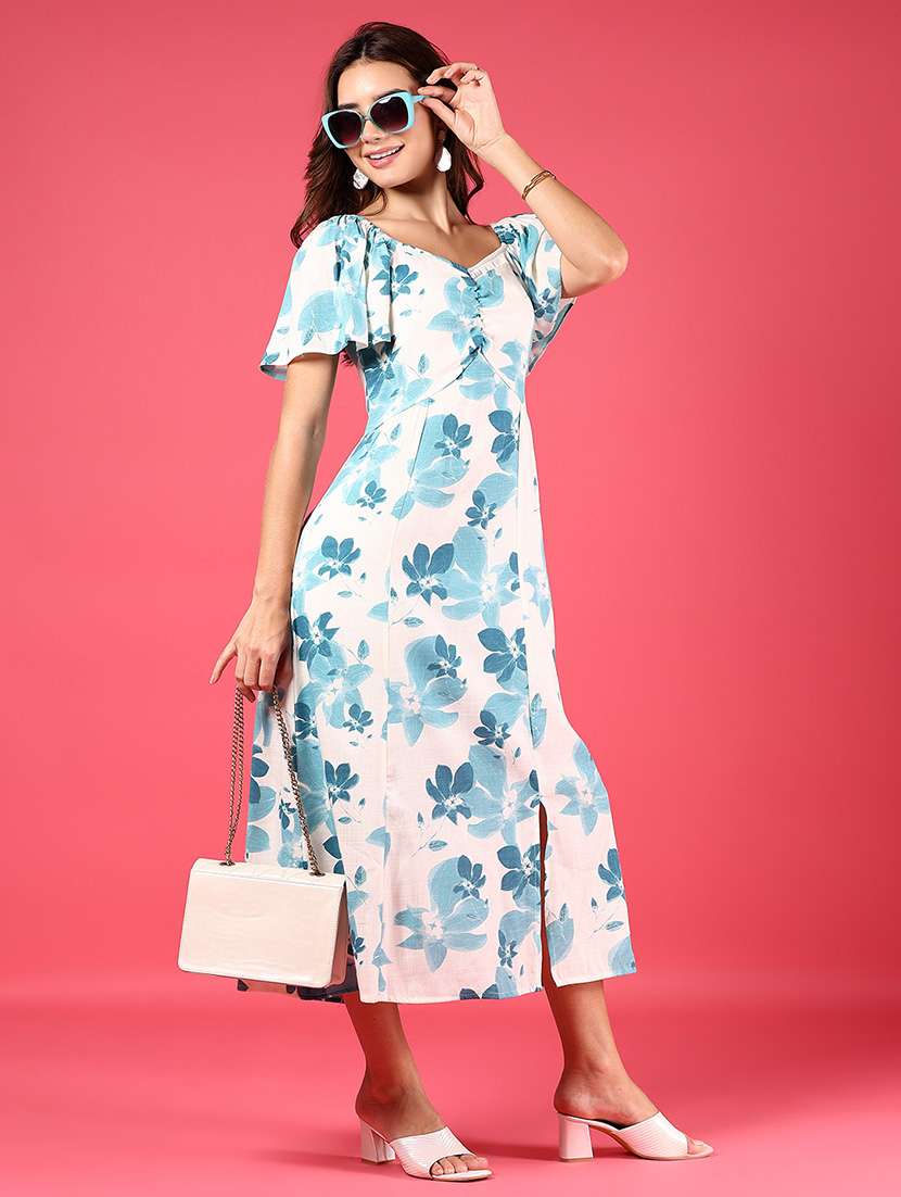 women floral print flared sleeve a-line dress