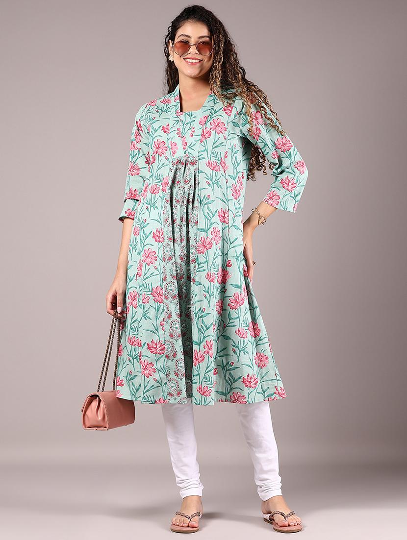green cotton aline kurta - 21873334 - Zoom Image - 0