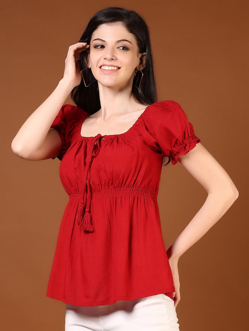 women red solid puff sleeve top - 21873710 - Standard Image - 2