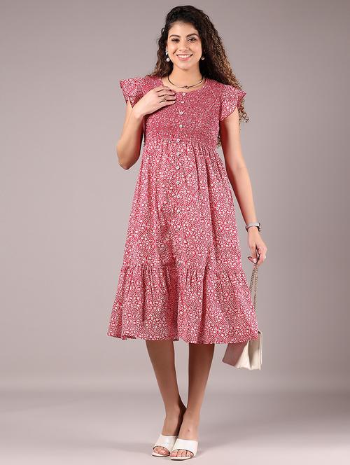 woomen pink printed round neck tiered dress - 21873727 -  Standard Image - 0
