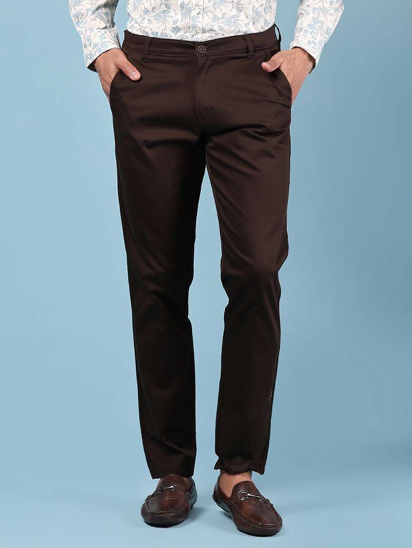 men solid md rise casual chinos 