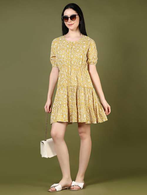 women yellow printed puff sleeve tiered dress - 21873782 -  Standard Image - 0