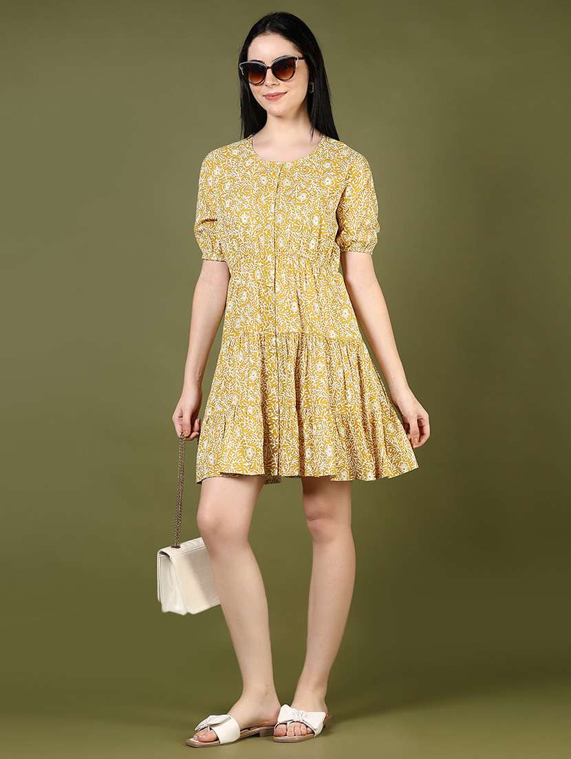 women yellow printed puff sleeve tiered dress