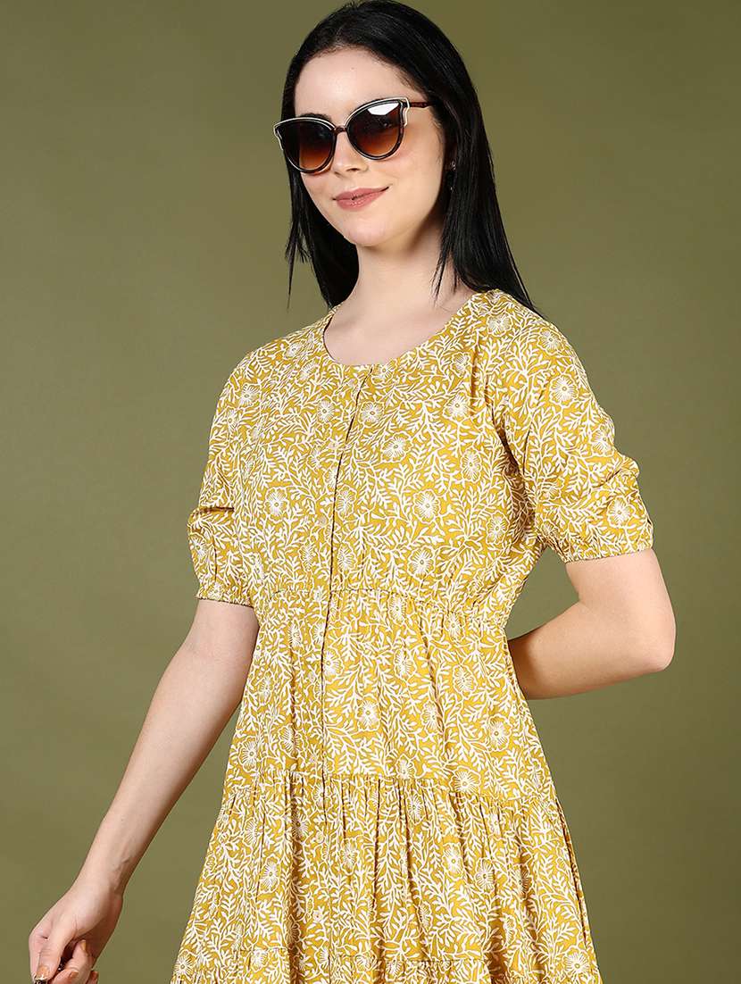 women yellow printed puff sleeve tiered dress - 21873782 - Standard Image - 2
