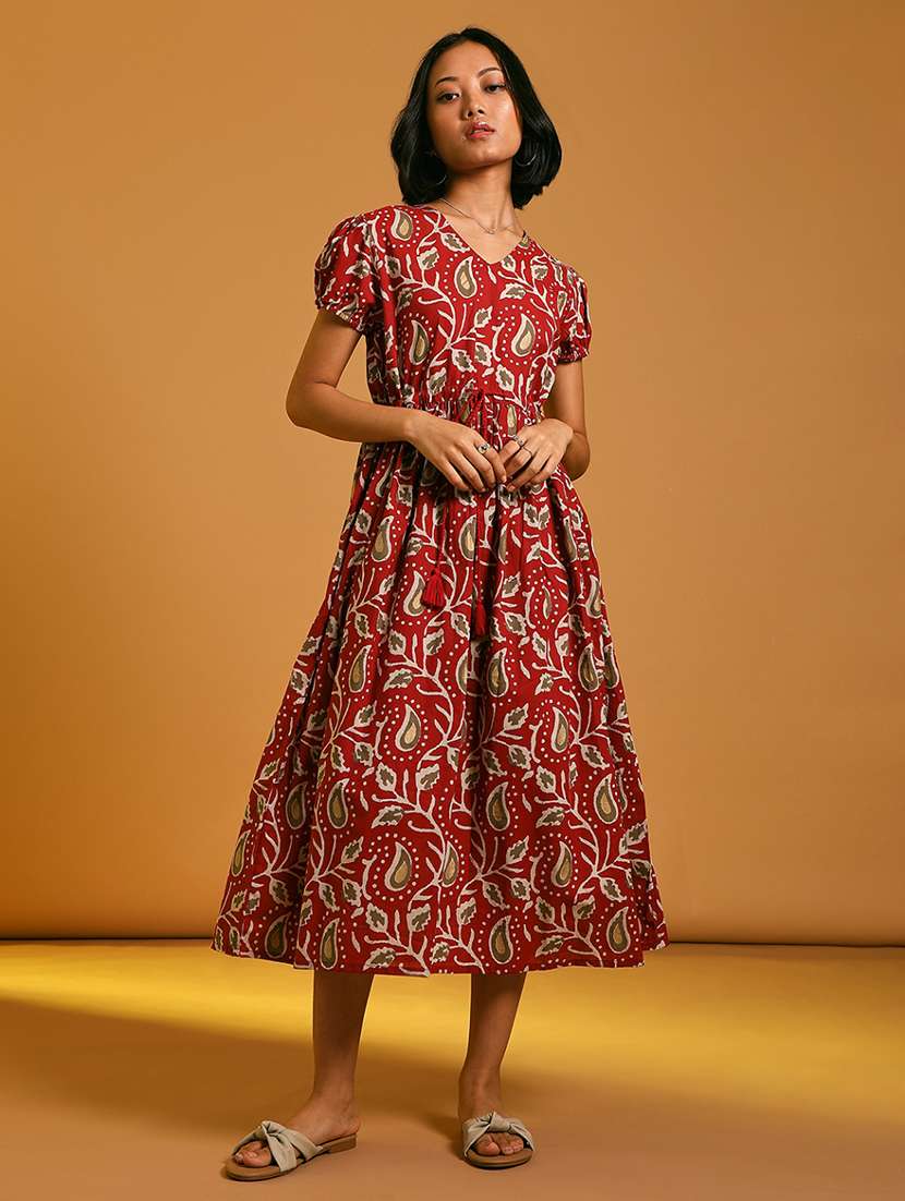 women paisley printed puff sleeve empire line dress
