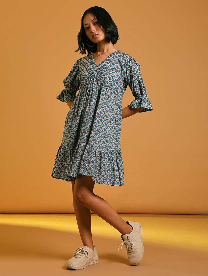women printed v neck tiered dress - 21873785 - Standard Image - 2
