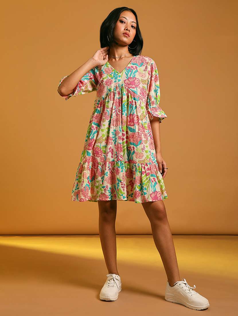 women floral printed v neck tiered dress