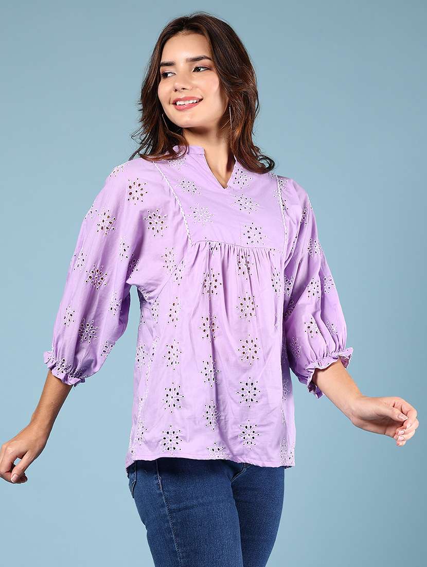 women lavender three quarter sleeve top - 21873828 -  Standard Image - 2