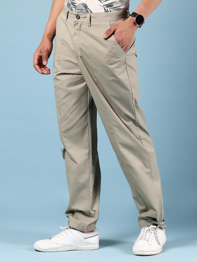 men grey solid mid rise chinos casual trouser