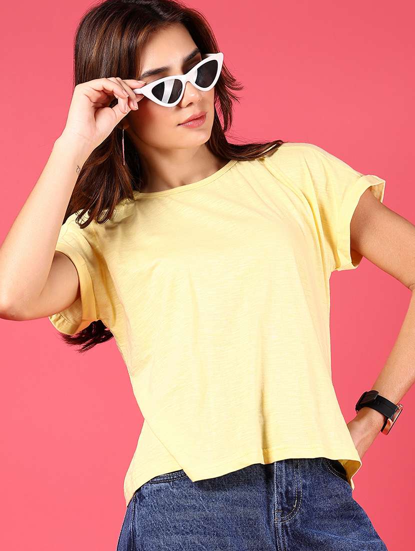 women yellow solid round neck t-shirt