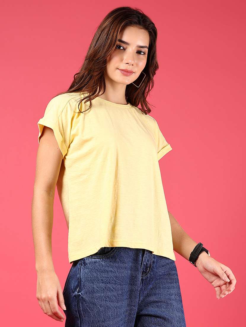 women yellow solid round neck t-shirt - 21873869 -  Standard Image - 2