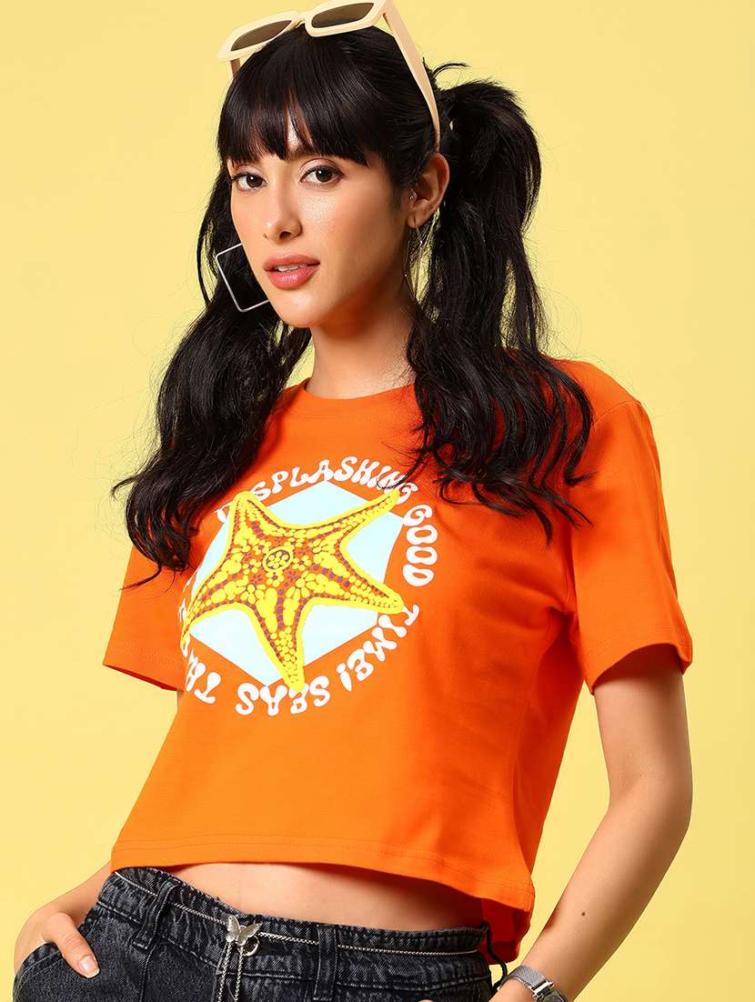 women printed short sleeve regular fit crop t-shirt
