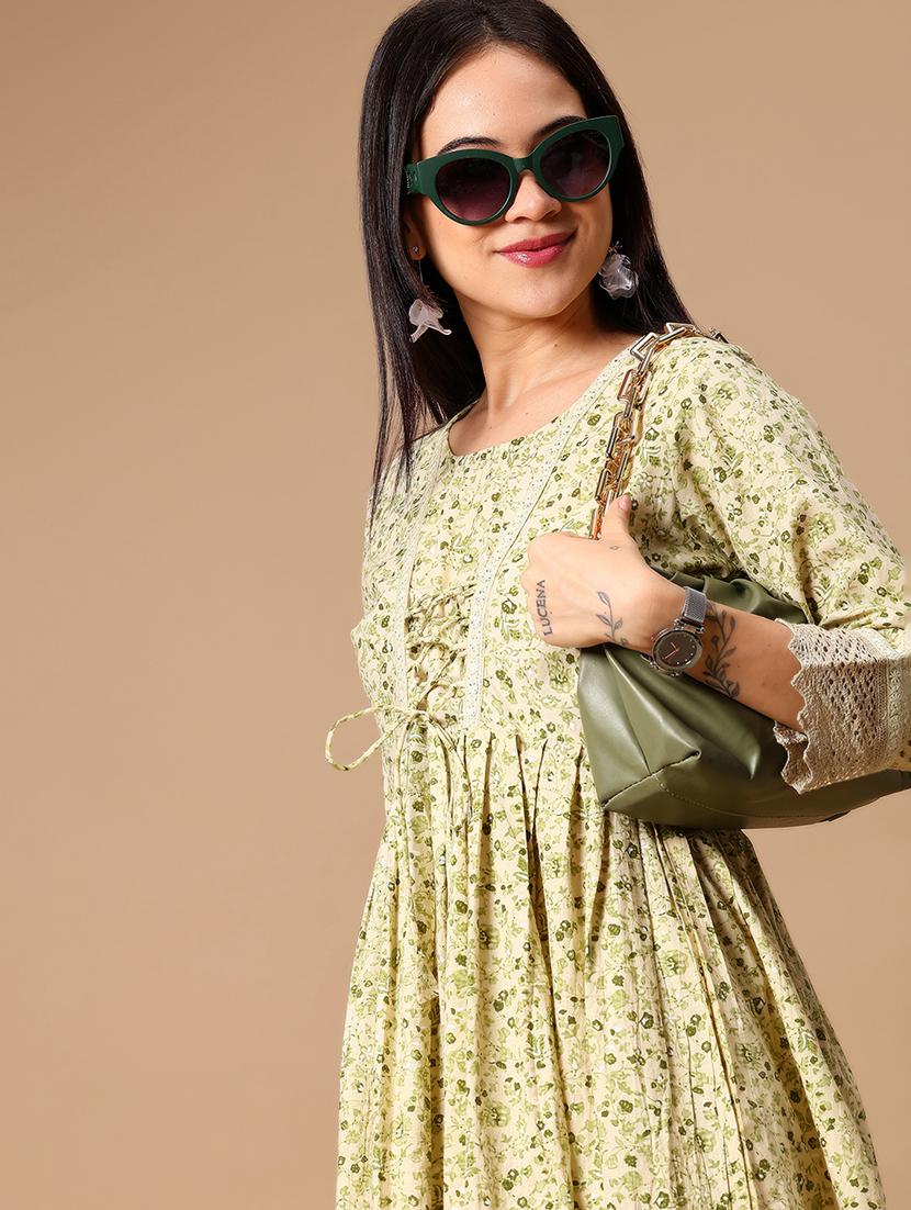 women floral print three quarter sleeve flared kurti
