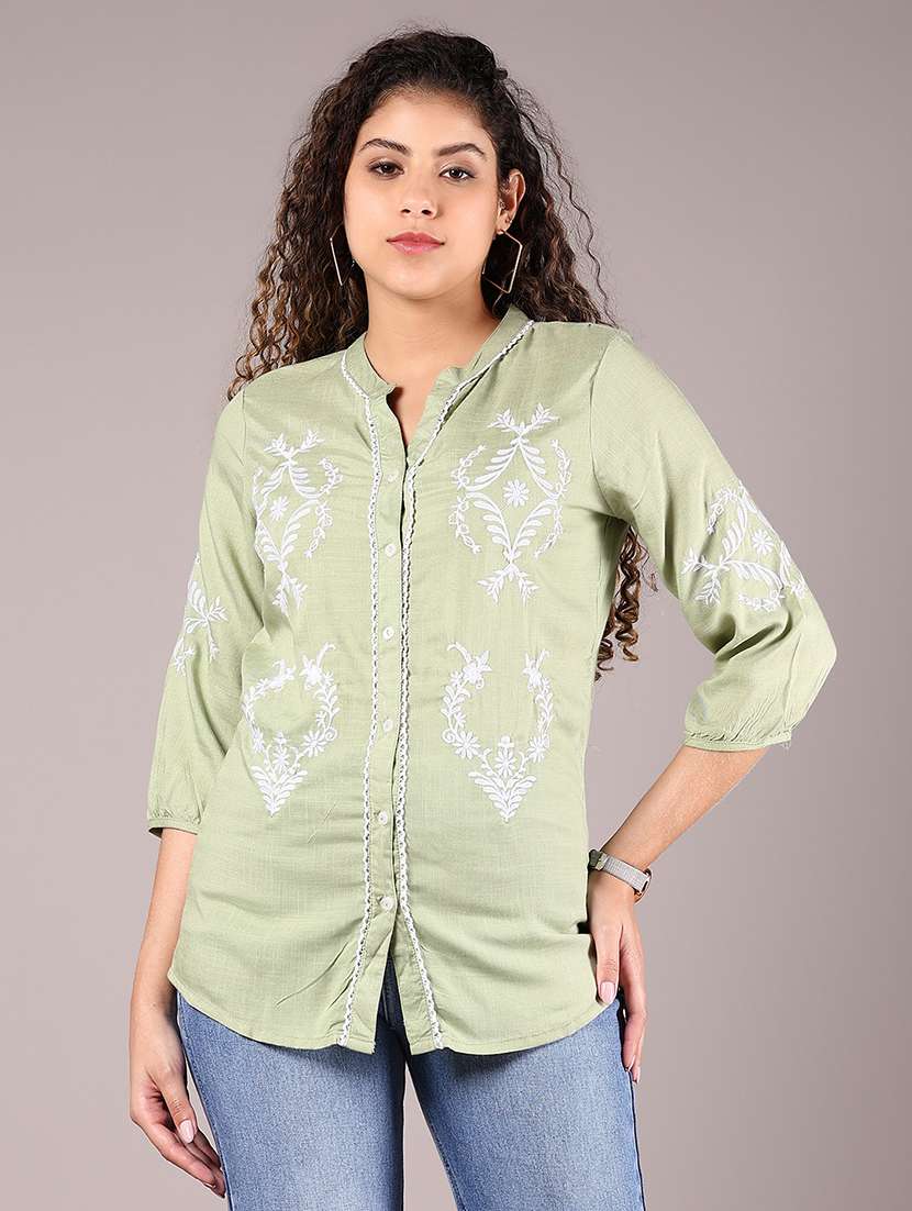women olive embroidered three quarter sleeve top
