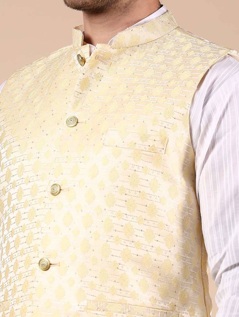 men yellow self designed mandarin neck nehru jacket - 21874034 -  Standard Image - 2
