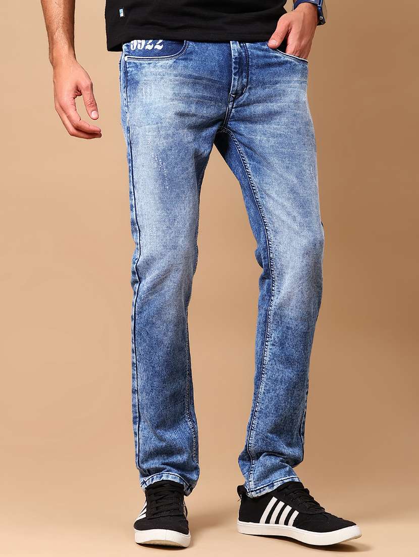 men washed mid rise full length jeans
