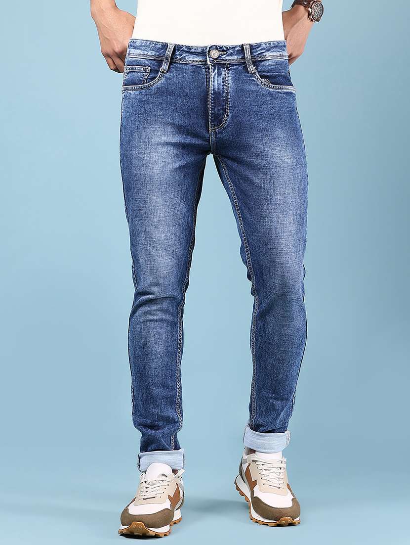 men washed mid rise full length jeans