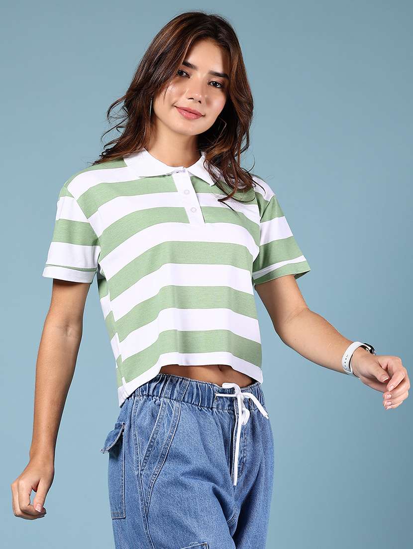 women striped short sleeve crop t-shirt - 21874232 - Standard Image - 2