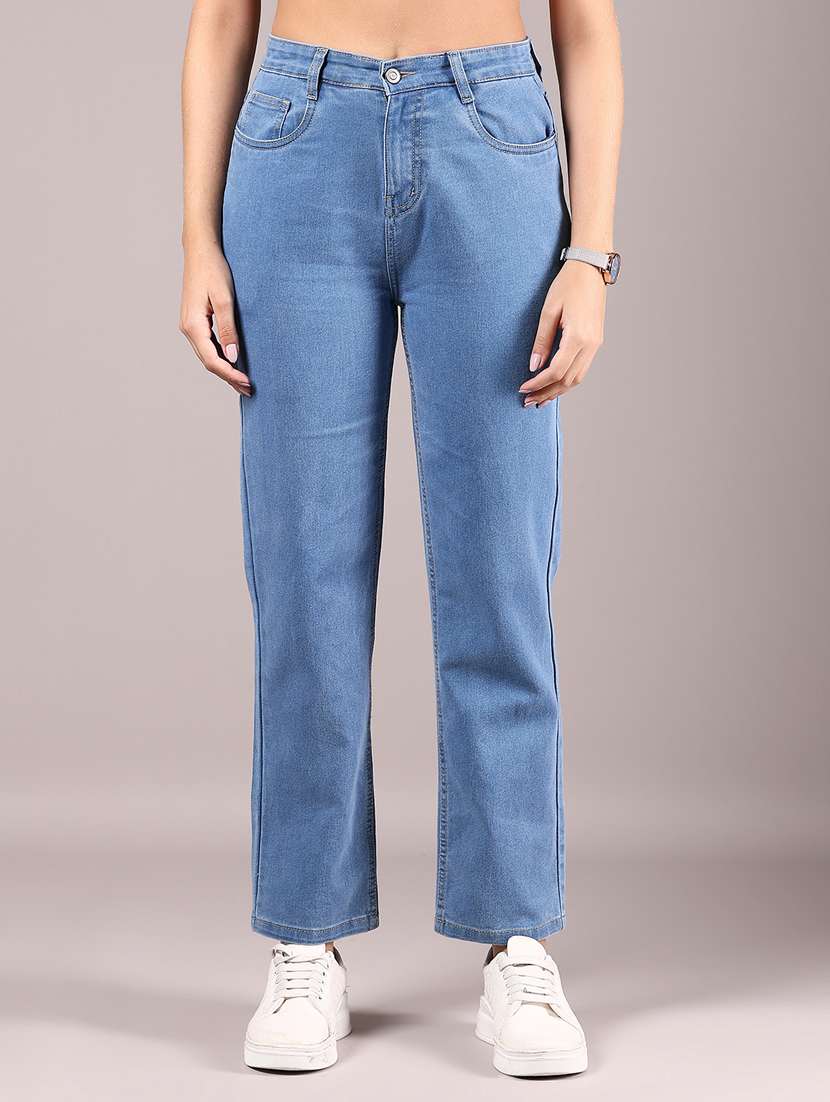 women blue solid high rise straight fit jeans