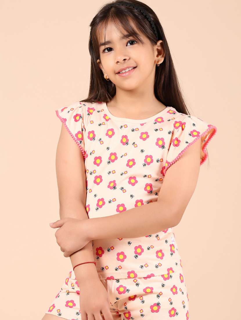 girls peach floral printed shorts & top co-ords set