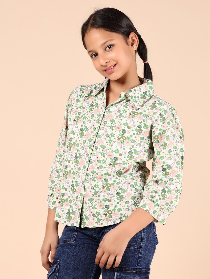 girls green floral printed long sleeve shirt - 21874477 - Standard Image - 2