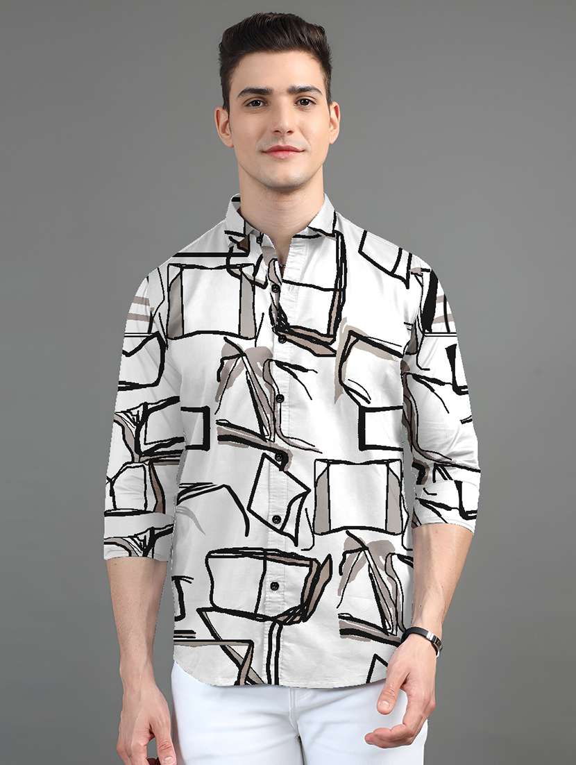 men printed collared long sleeves casual shirt