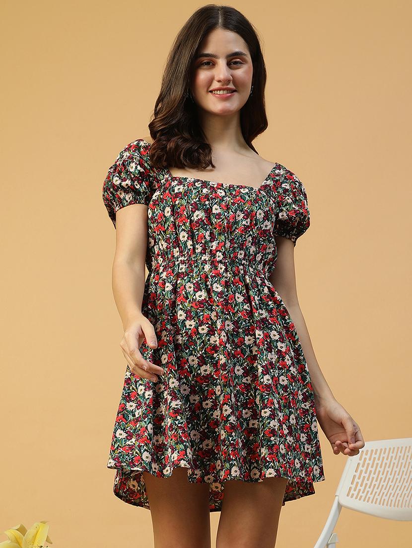 women floral print puff sleeves a-line dress - 21874597 - Standard Image - 2
